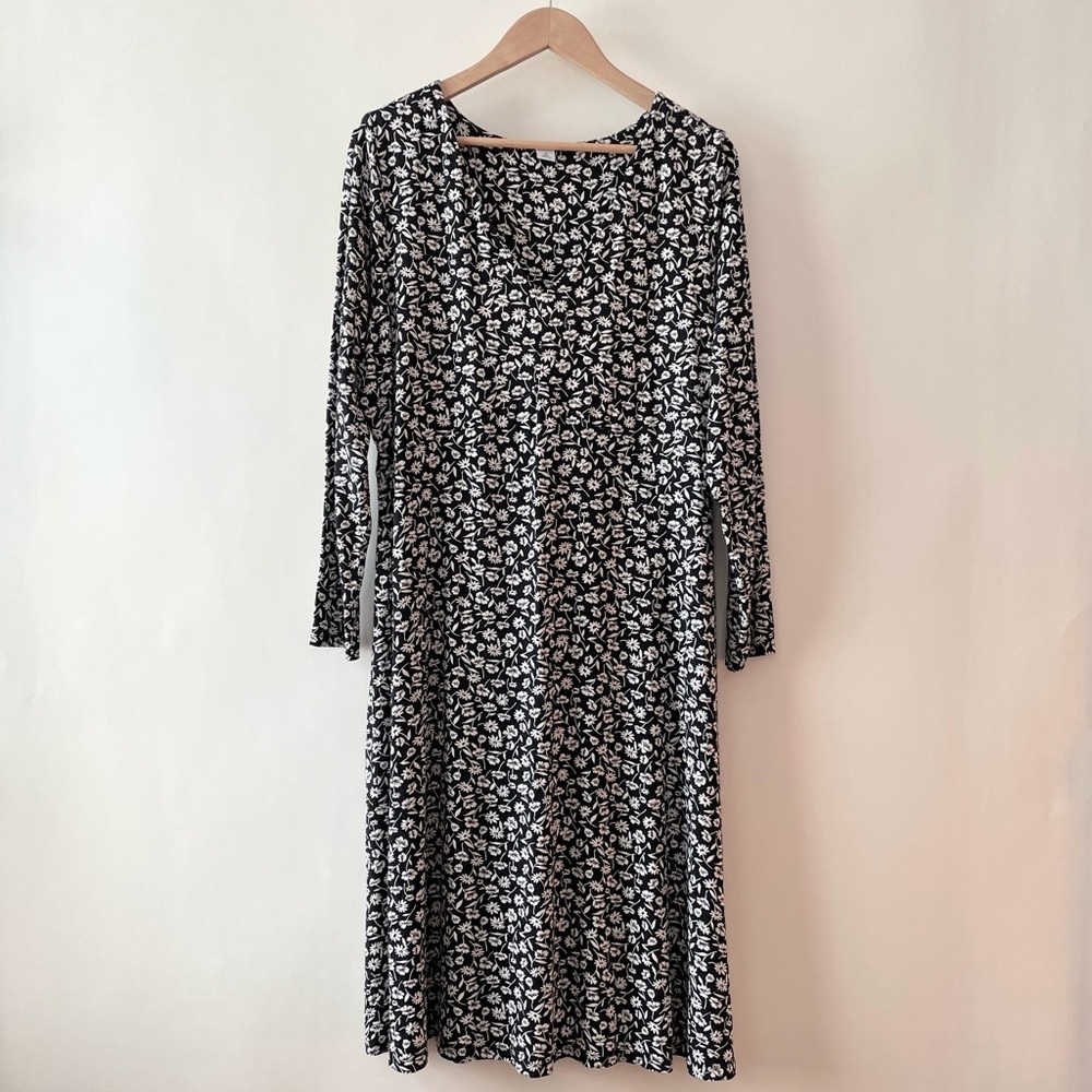 Old Navy Black & White Floral Jersey Knit Dress Long Sleeve Midi Length Size 2X